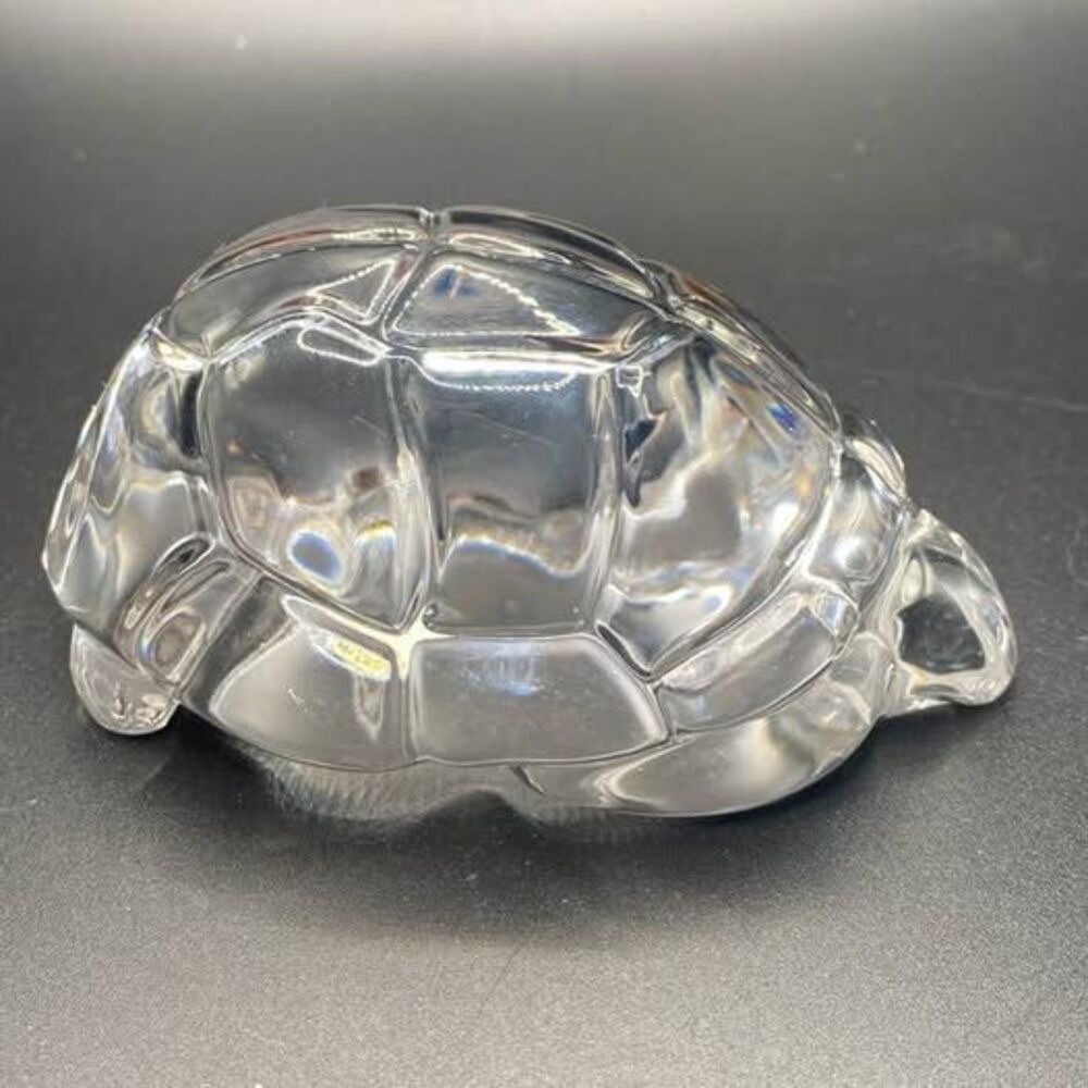 Vintage Atlantis Crystal Turtle Paperweight Signed Portugal Clear Pink UV Glow